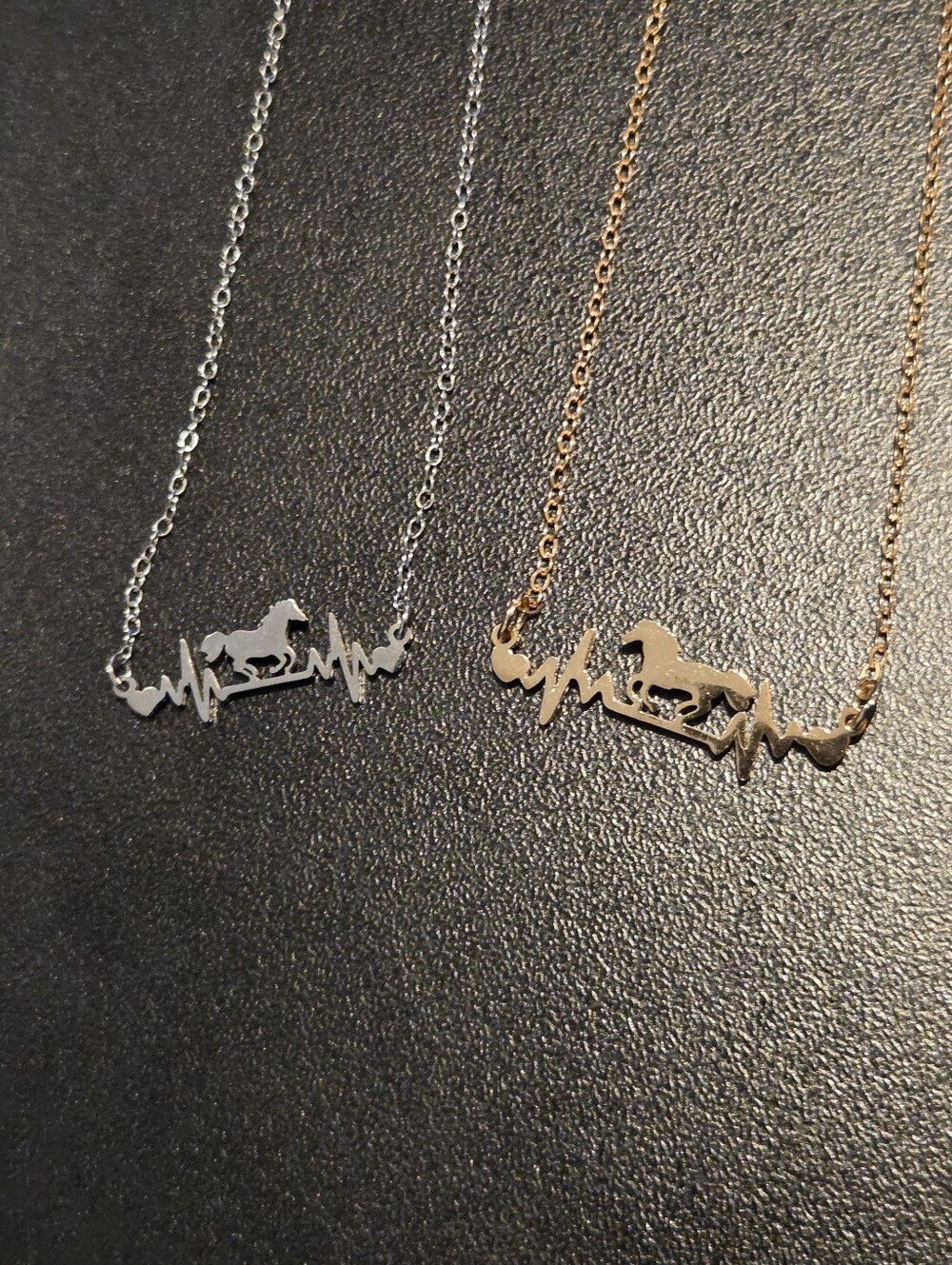 Horse & Heartbeat Script Pendant Necklace - Silver & Gold 9 inch chains